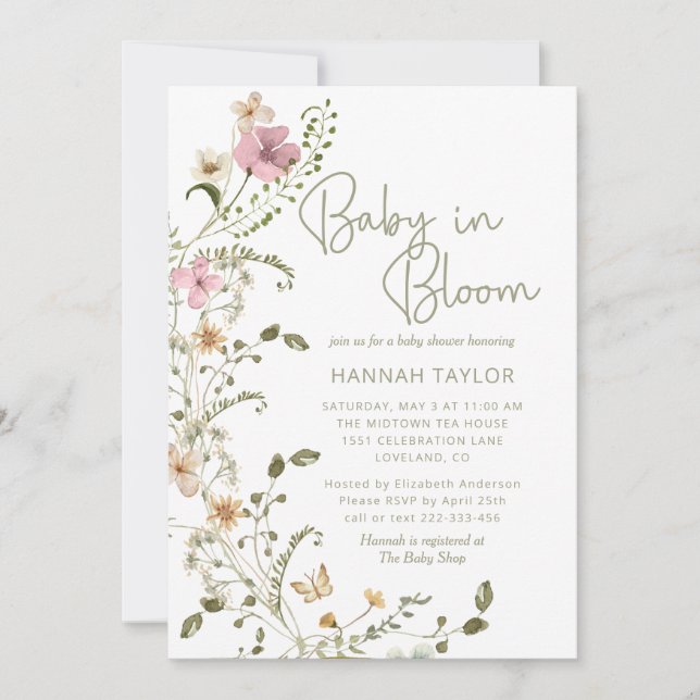 Invitación Bebé en el Chica Floral Rosa en Bloom Baby Shower (Anverso)