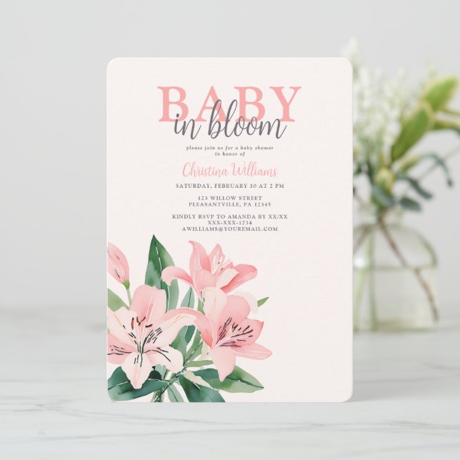 Invitación Bebé en el Chica Floral Rosa en Bloom Baby Shower (Anverso de pie)