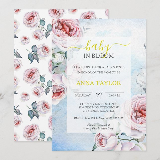 Invitación Bebé en el elegante Baby Shower azul floral de Blo (Anverso / Reverso)