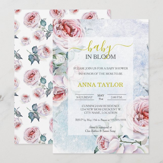 Invitación Bebé en el elegante Baby Shower azul floral de Blo (Anverso / Reverso)