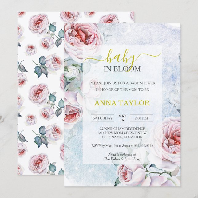 Invitación Bebé en el elegante Baby Shower azul floral de Blo (Anverso / Reverso)