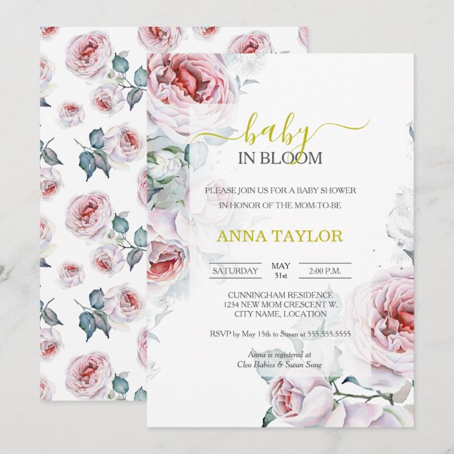 Invitación Bebé en el elegante Baby Shower floral de Bloom (Anverso / Reverso)