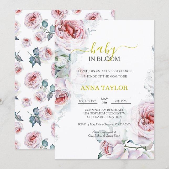 Invitación Bebé en el elegante Baby Shower floral de Bloom (Anverso / Reverso)
