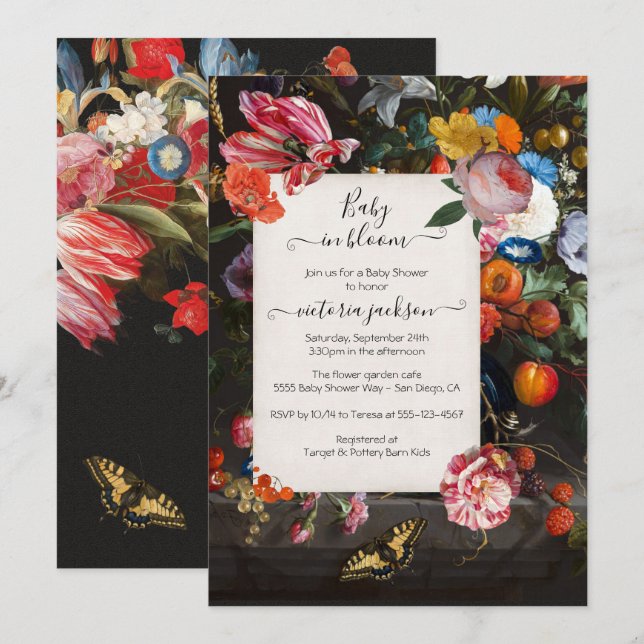 Invitación Bebé en el elegante Baby Shower floral de Bloom (Anverso / Reverso)