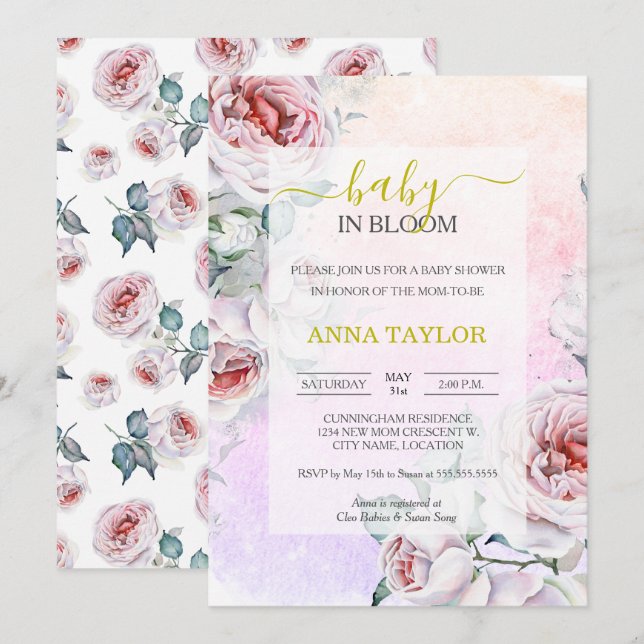 Invitación Bebé en el elegante Baby Shower floral rosado de B (Anverso / Reverso)
