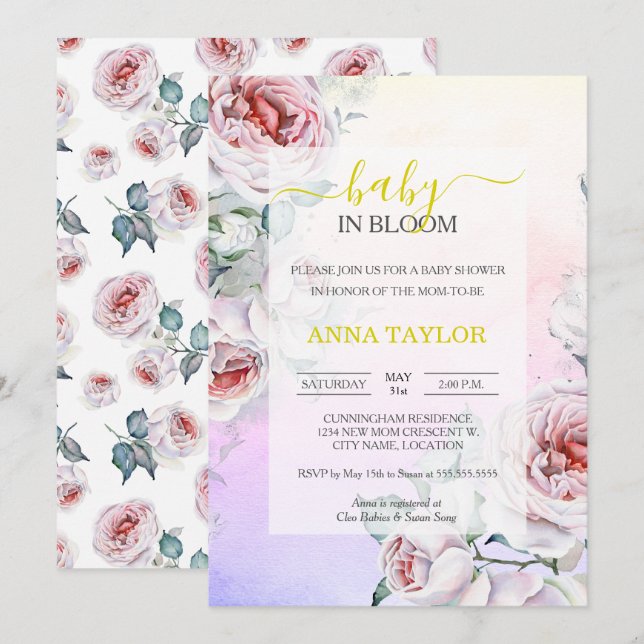 Invitación Bebé en el elegante Baby Shower rosa floral (Anverso / Reverso)