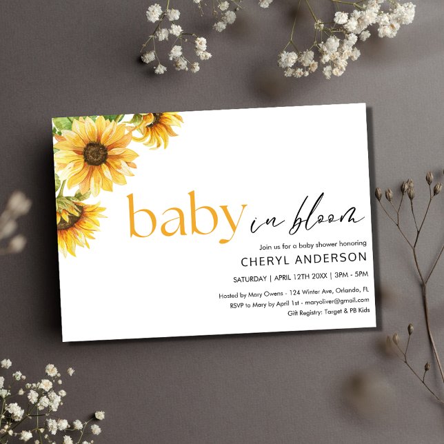 Invitación Bebé en el Fiesta de Baby Shower de girasol en flo (Baby in Bloom Sunflower Baby Shower Party Invitation)