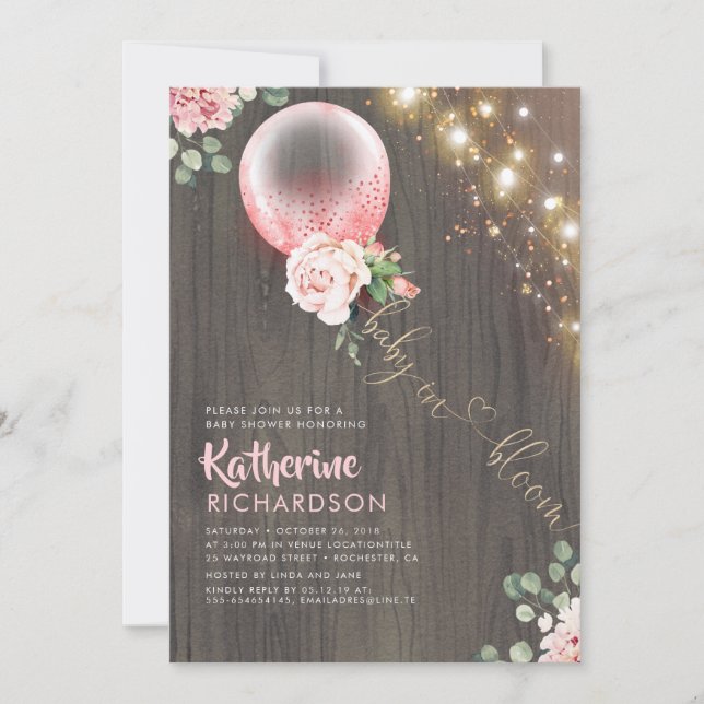 Invitación Bebé en el floreciente Baby Shower ruso con globo  (Anverso)