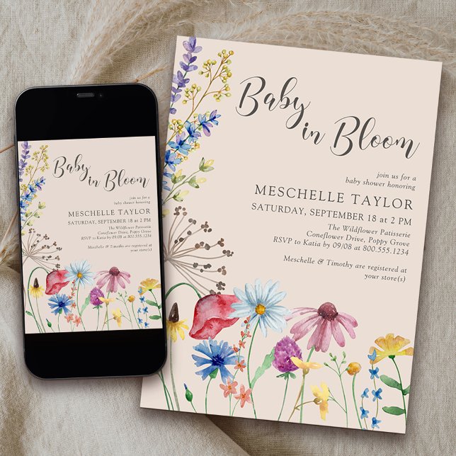 Invitación Bebé en el florecimiento de flores silvestres en e (Baby in Bloom Baby Shower Invitation from my Wildflower Charm collection)
