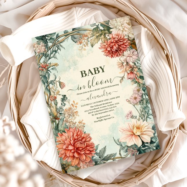 Invitación Bebé en el florecimiento floral de florín Baby Sho (Subido por el creador)