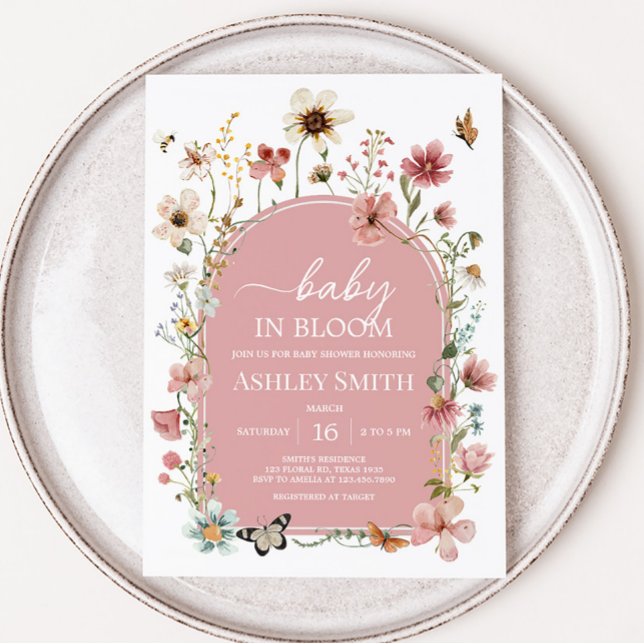Invitación Bebé en el florecimiento silvestre Baby Shower (Muted Pink Spring Flowers Baby Shower Invitation)