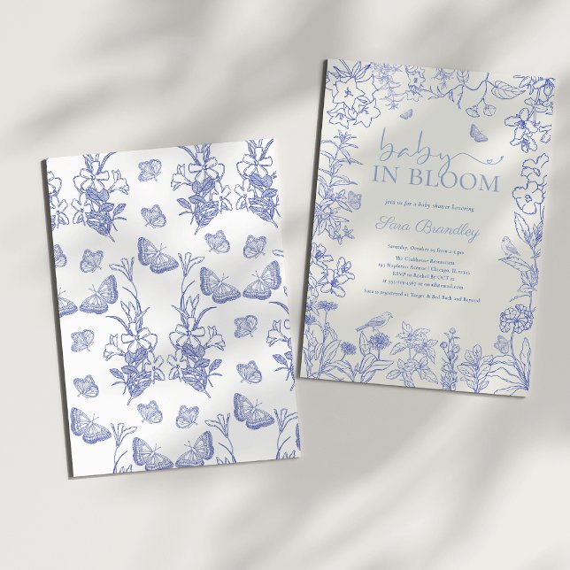 Invitación Bebé En El Jardín Azul De Bloom Chinoiserie Ducha  (Baby In Bloom Cobalt Blue Whimsical Chinoiserie Floral Baby Shower Invitation
)