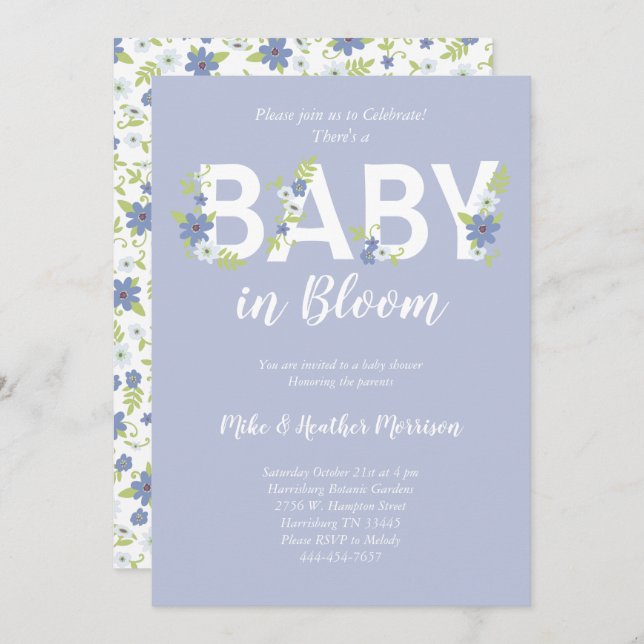 Invitación Bebé en el niño de flores azules de invierno (Anverso / Reverso)