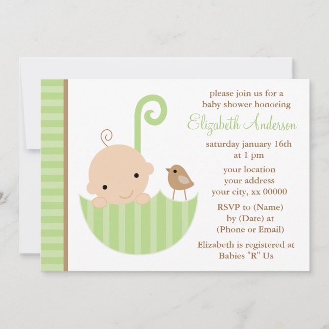 Invitación Bebé en el paraguas verde Baby Shower (Anverso)