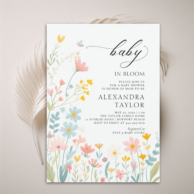 Invitación Bebé en el Pastel de flores silvestres (baby in bloom wildflowers baby shower invitation pastels watercolor cottage garden cute sweet boho)