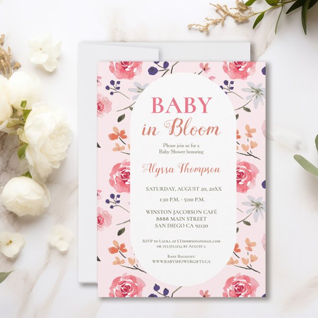 Invitación Bebé en el Personalizado de Floraciones Rosadas en (Elegant Baby in bloom watercolor floral pink baby shower invitation)