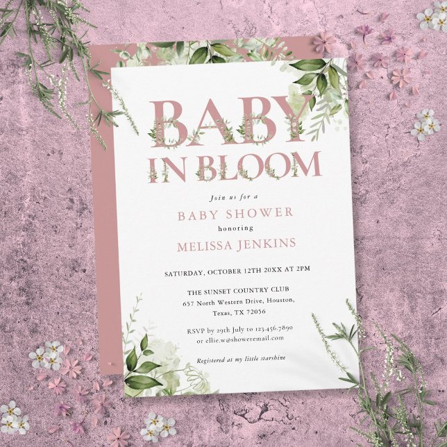 Invitación Bebé en el Rosa de sangre Dusty Baby Shower de veg (Baby In Bloom Dusty Rose Pink Greenery Baby Shower Invitation)