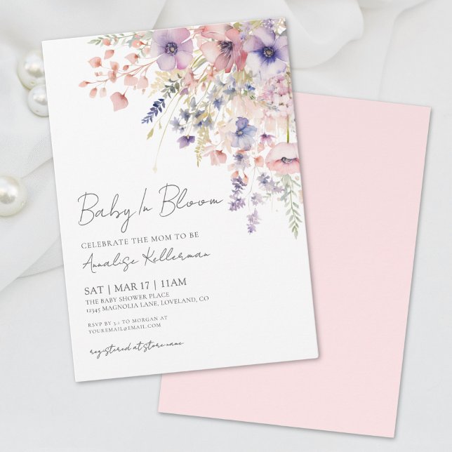Invitación Bebé en Flor Acuarela Fiesta de Cumpleaños para Be (Baby In Bloom Watercolor Flowers Girl Baby Shower Invitation)