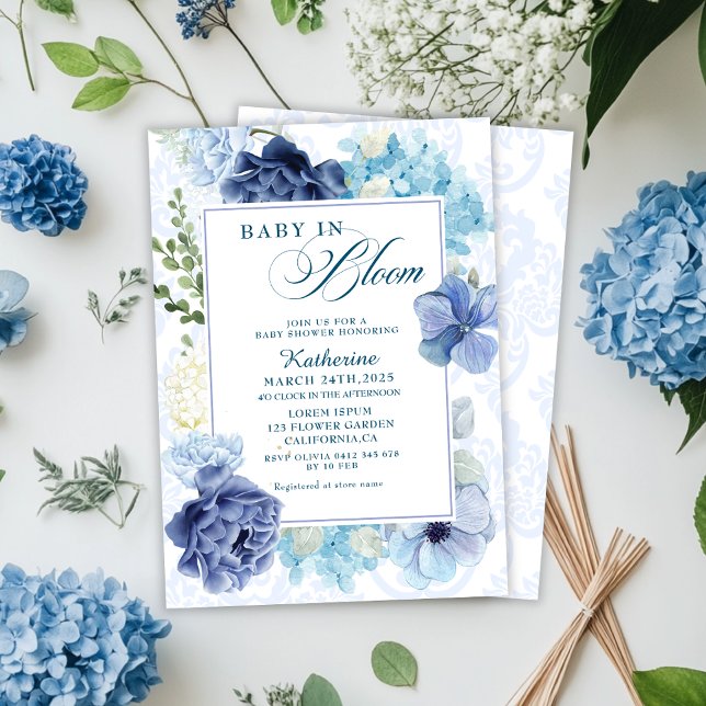 Invitación Bebé en flor acuarela floral azul ducha bebé (Subido por el creador)