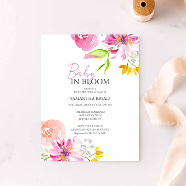 Invitación Bebé en Flor Acuarela Floral para Ducha (Pink floral baby shower invitation features unique watercolor art by Victoria Grigaliunas)