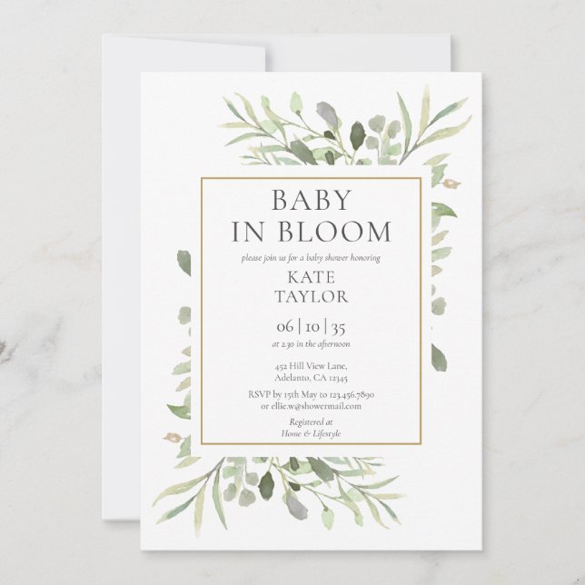 Invitación Bebé en Flor Acuarela Verde Cumpleaños de Bebé (Anverso)
