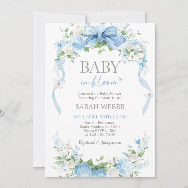 Invitación Bebé en Flor Azul Fiesta de Bebé (Anverso)