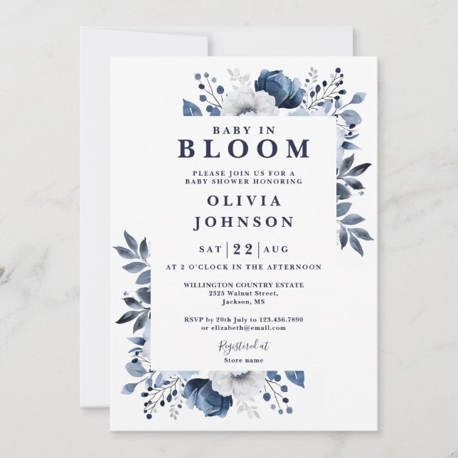 Invitación Bebé en Flor Azul Floral Todo en Uno Baby Shower (Anverso)