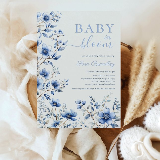 Invitación Bebé en flor azul polvoriento Flor bebé ducha bebé (Baby In Bloom dusty blue wildflowers Baby shower Invitation)
