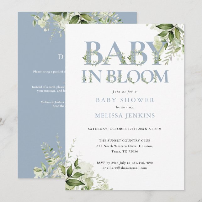 Invitación Bebé En Flor Azul Verde Todo En Un Baby Shower (Anverso / Reverso)