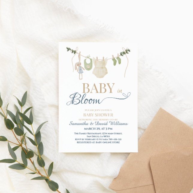 Invitación Bebé en Flor Azul Verdeador Ropa de Bebé Botánico  (Subido por el creador)