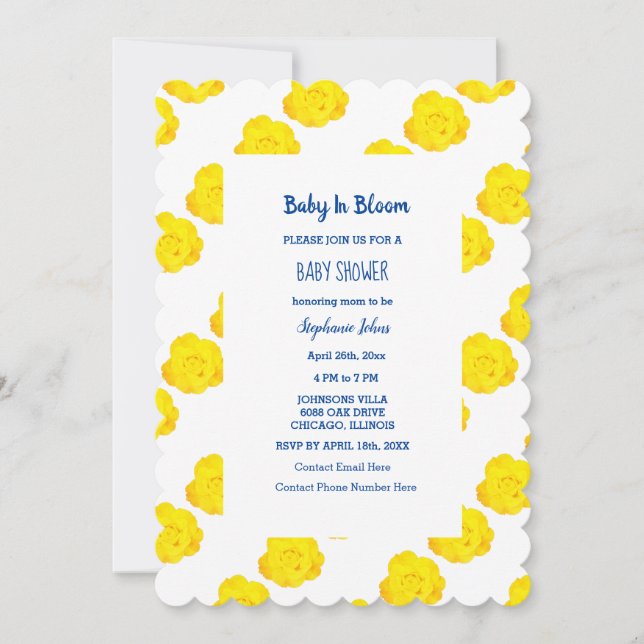 Invitación Bebé en flor Baby Shower Azul Roses Amarillo (Anverso)