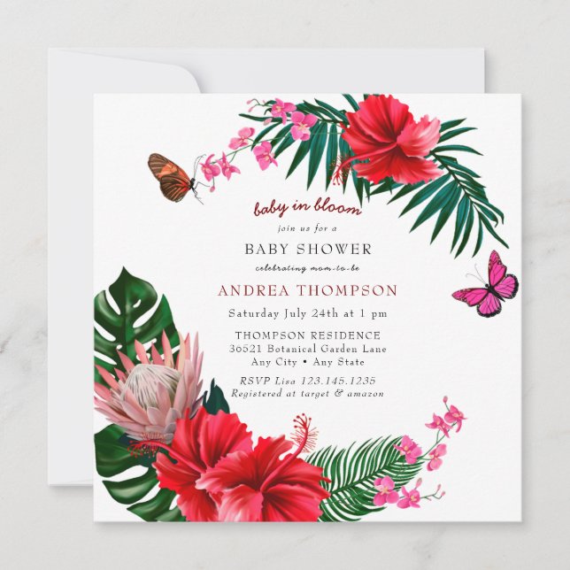 Invitación Bebé en flor | Baby Shower floral de mariposa (Anverso)