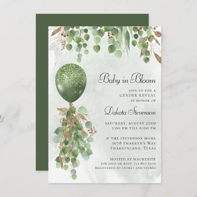 Invitación Bebé en flor | Balón y Eucalyptus Baby Shower (Anverso / Reverso)
