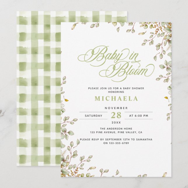 Invitación Bebé en Flor Baño de Bebé Rústico Hojas de Acuarel (Anverso / Reverso)