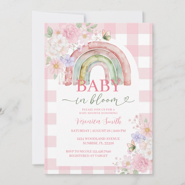 Invitación Bebé en Flor Boho Arcoíris Rosa Baby Shower (Anverso)