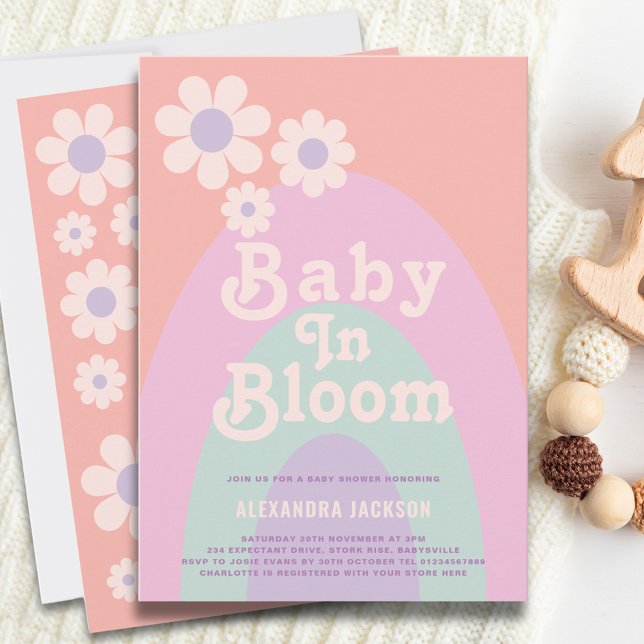 Invitación Bebé en Flor Boho Daisy Arcoíris Baby Shower (Baby in bloom boho rainbow girl baby shower invitation)