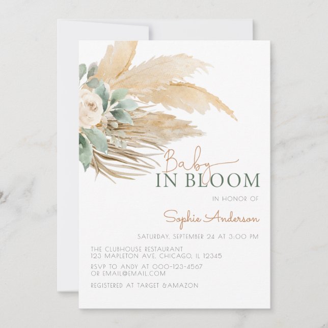 Invitación Bebé en flor boho pampas hierba bebé ducha bebé (Anverso)