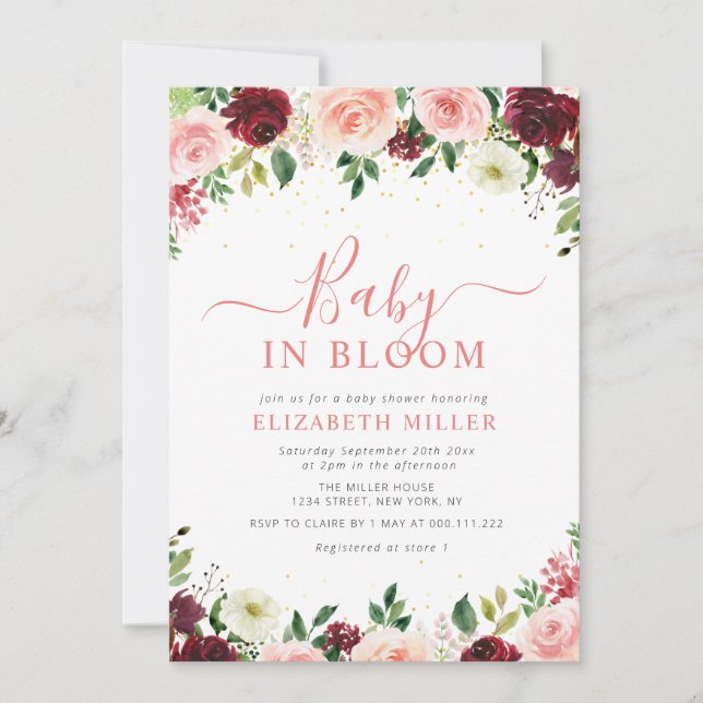Invitación bebé en flor burgundy rosa floral ducha bebé (Anverso)
