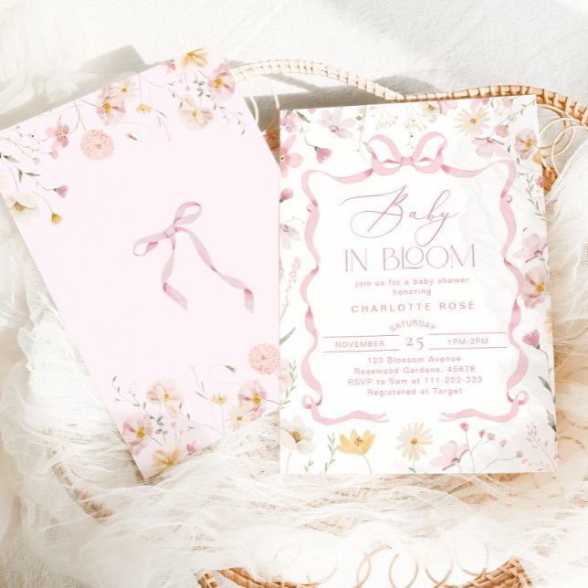 Invitación Bebé en flor Cinta rosada marco para bebé ducha (Subido por el creador)