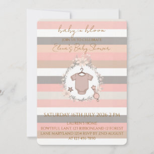 Invitación Bebé en Flor con Rayas Grises Rosa