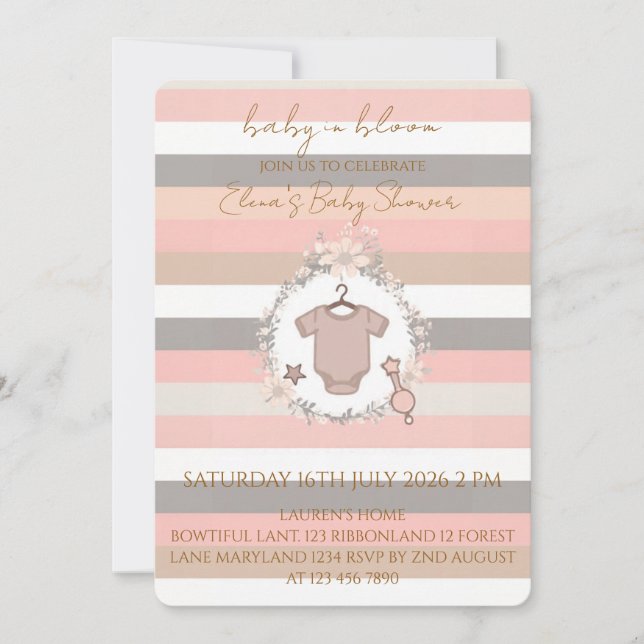 Invitación Bebé en Flor con Rayas Grises Rosa (Anverso)