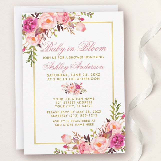Invitación Bebé en flor de ducha oro rosa Rubor floral (Customize to change text color, size or text style.)