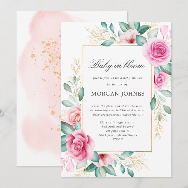 Invitación bebé en flor delicada ducha de bebé floral rosa (Anverso / Reverso)