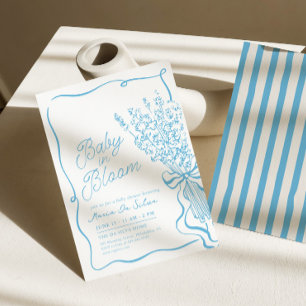Invitación Bebé en Flor   Ducha de Bebé Azul Dibujada a Mano