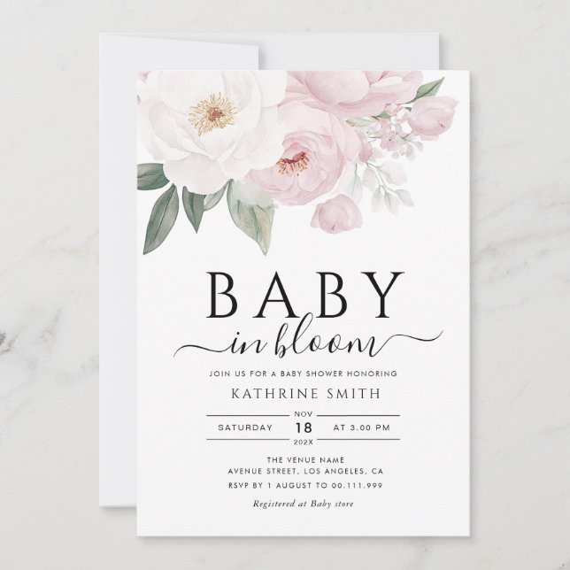 Invitación bebé en flor ducha de bebé con flores rosadas (Anverso)