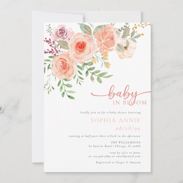 Invitación Bebé en flor | Ducha floral de primavera Verde azu (Anverso)