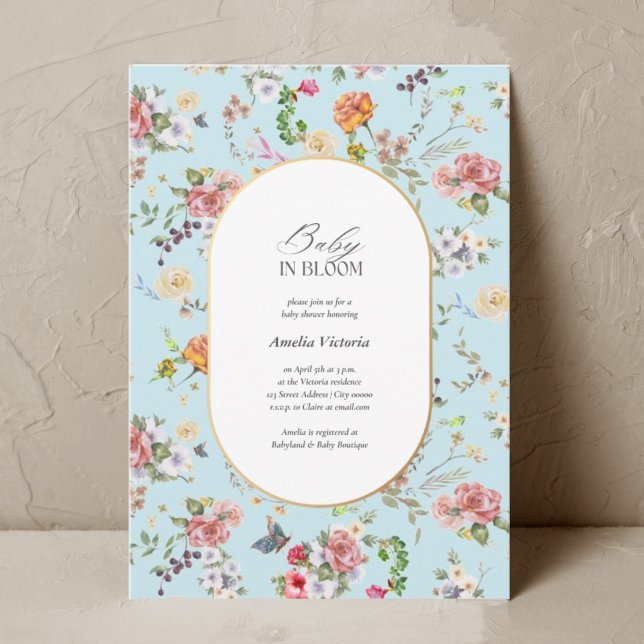 Invitación Bebé en Flor Elegante Aquarela Azul Baby Shower (Subido por el creador)