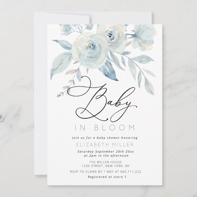 Invitación bebé en flor floral azul ducha bebé (Anverso)