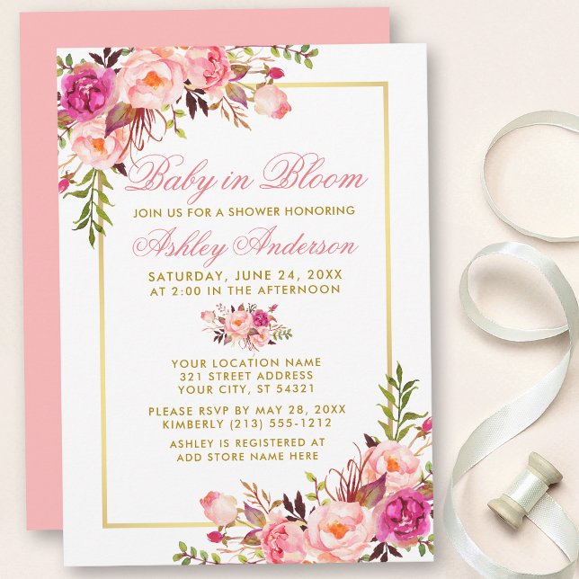 Invitación Bebé En Flor Floral Rosa Rubor Gold Shower (Customize to change text color, text style or color of back of card.)
