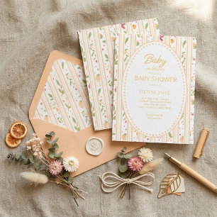 Invitación Bebé en Flor  Gingham Floral de Melocotón Raya